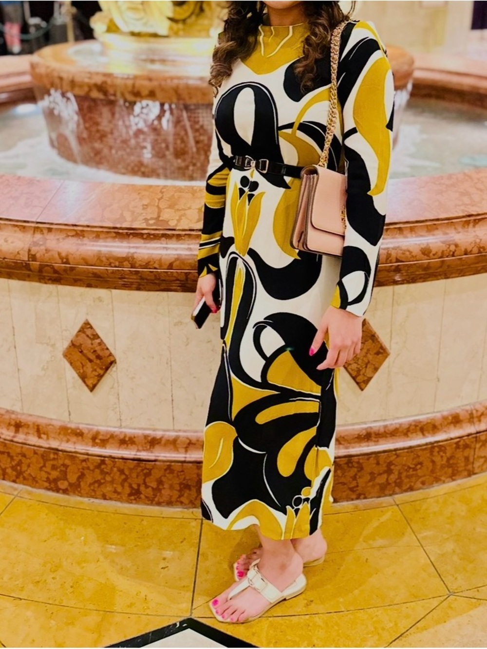 Zara Long Sleeve Abstract Midi Dress in Mustard, Black & White